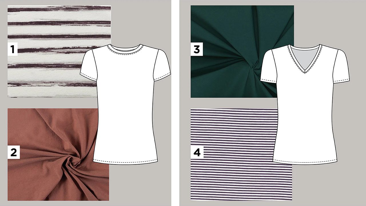 Lark Tee fabric options: striped brown jersey, solid coral knit, deep teal jersey, and navy-white stripe with crew and V-neck