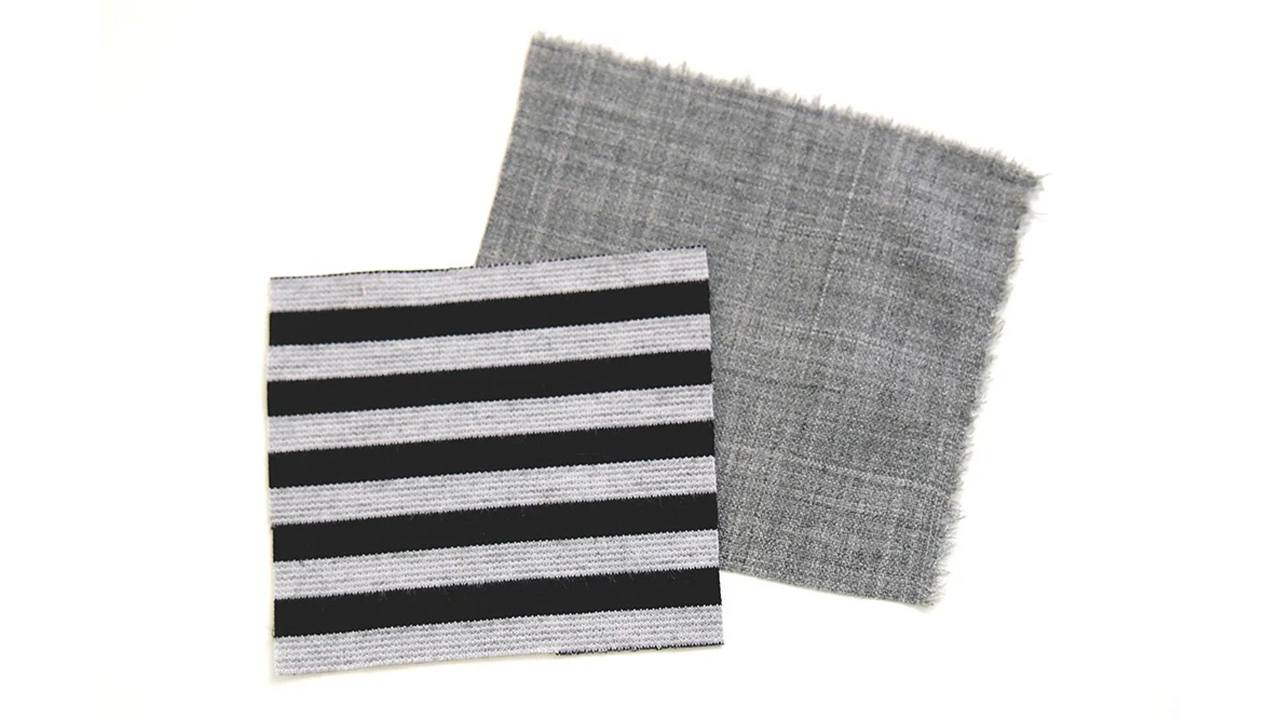 Two fabric swatches for Morris Blazer: gray and black striped ponte knit on left, solid gray stretch wool on right