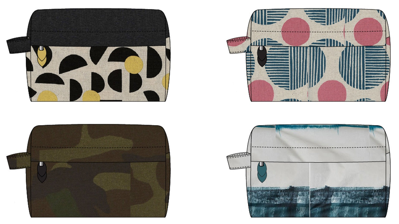 Four Portside Dopp Kits: geometric print with black contrast, pink circles with blue stripes, woodland camo, light ripple print with contrast