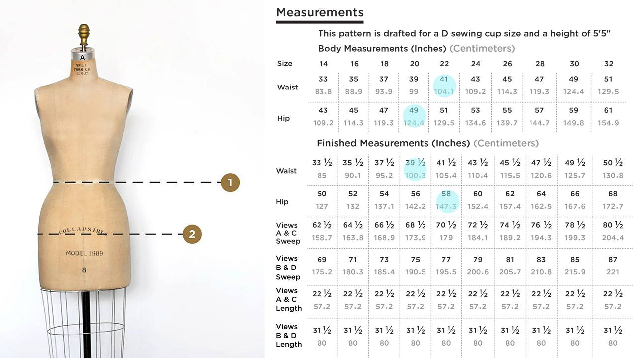 Dress form showing waist and hip measurement points beside Reed Skirt size chart with body and finished garment measurements