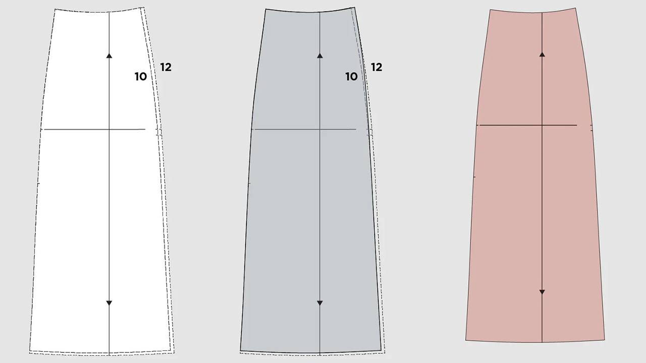 Three Reed Skirt pattern pieces showing blending between sizes 10 and 12, with arrows indicating adjustment directions