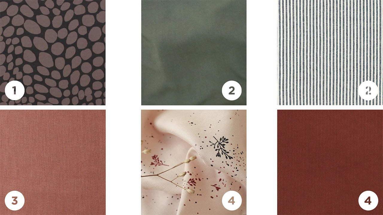 Six fabric swatches for Reed Skirt: gray dot print, olive twill, navy stripe, rust linen, cream floral rayon, burgundy corduroy