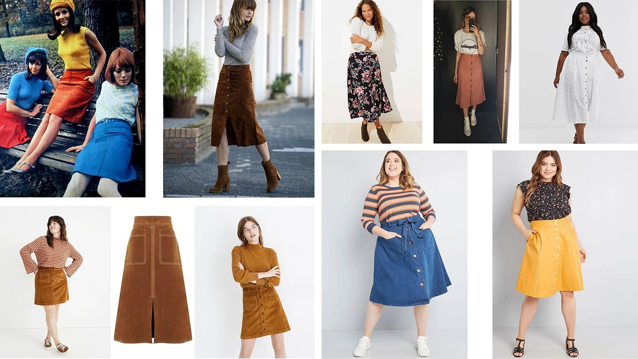 Reed Skirt inspiration collage showing 70s-style skirts in corduroy, denim, floral prints, and suede with button front closures