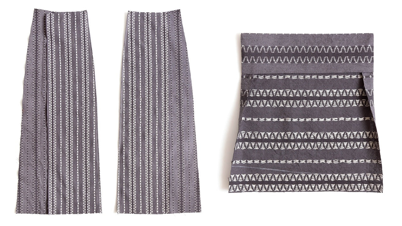 Two skirt fronts in gray geometric print with princess seams and topstitching, plus unattached patch pocket on right