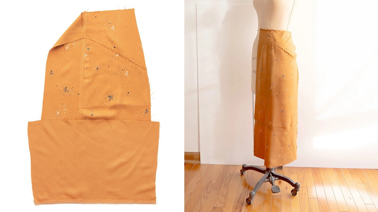 Mustard floral print skirt front with hem extension attached shown flat on left, and on dress form on right showing extended midi length