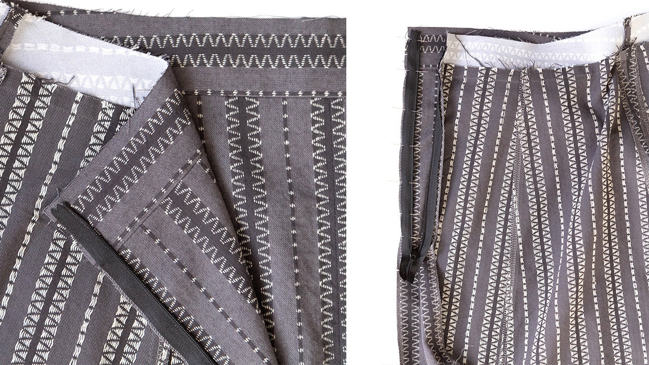 Two views of invisible zipper installation in gray geometric print fabric showing different stages of the construction process