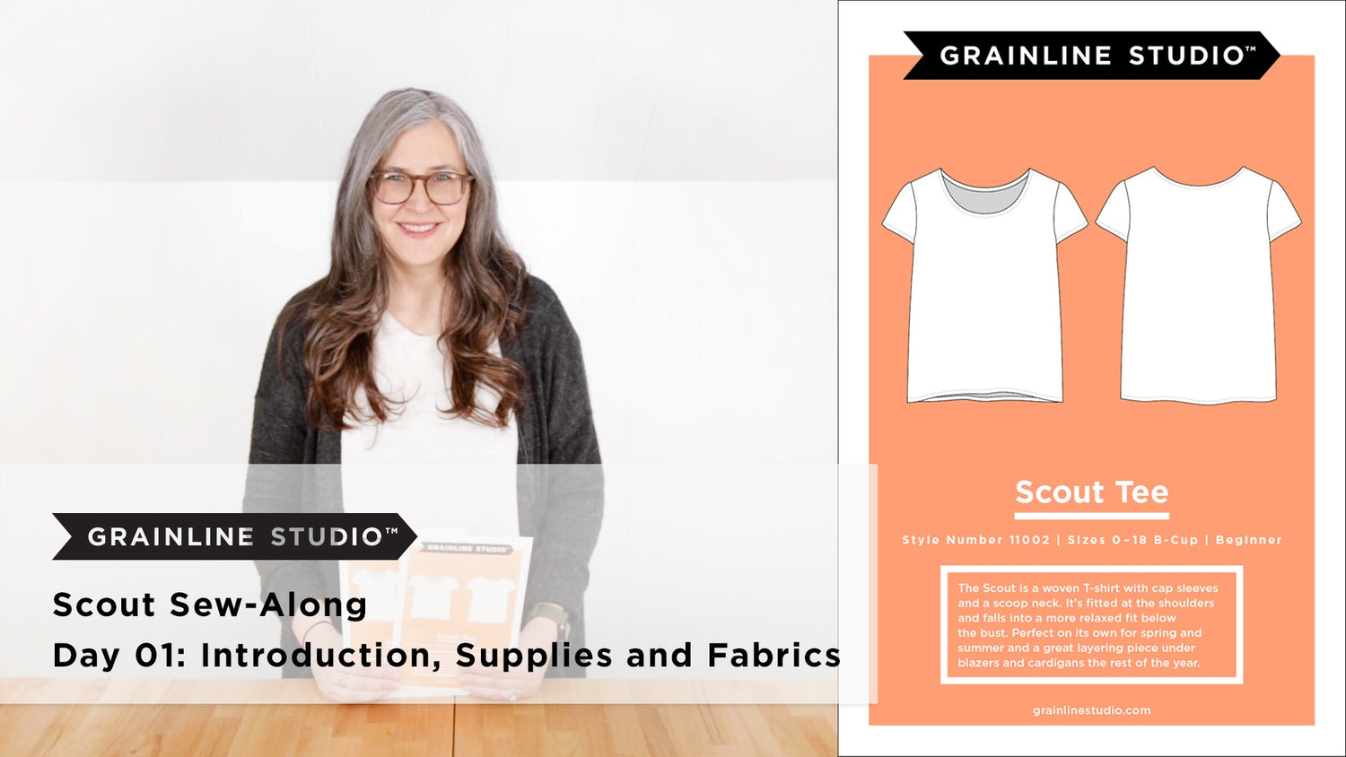 Woman beside the Scout Tee pattern envelope showing front and back technical sketches on an orange background.