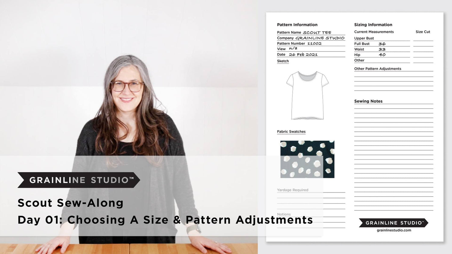 Woman beside a filled-in Grainline Studio pattern card showing Scout Tee measurements and two fabric swatches.
