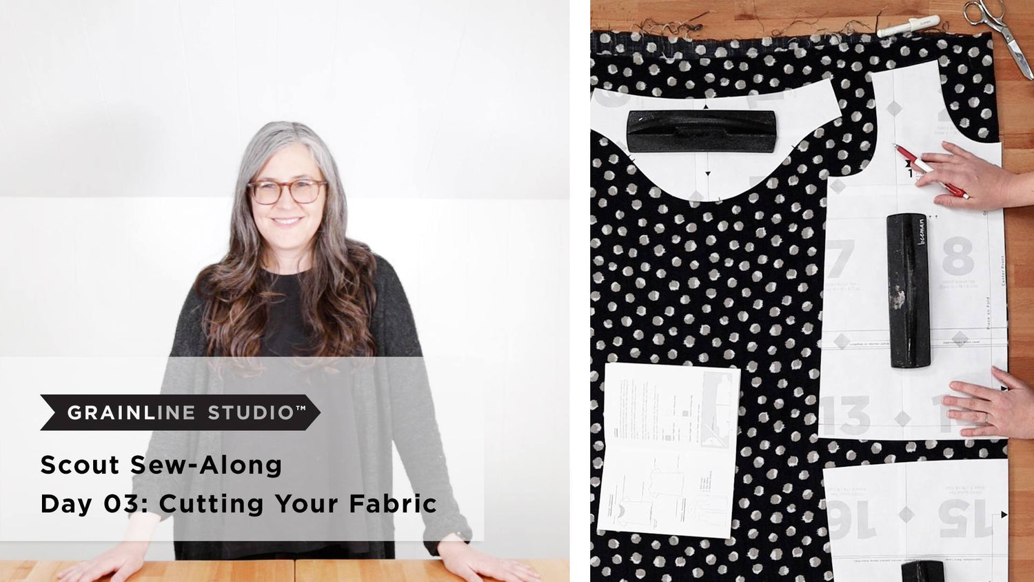 Woman holding up cut Scout Tee front and back pieces in black and white polka dot fabric beside a flat lay of the same pieces.
