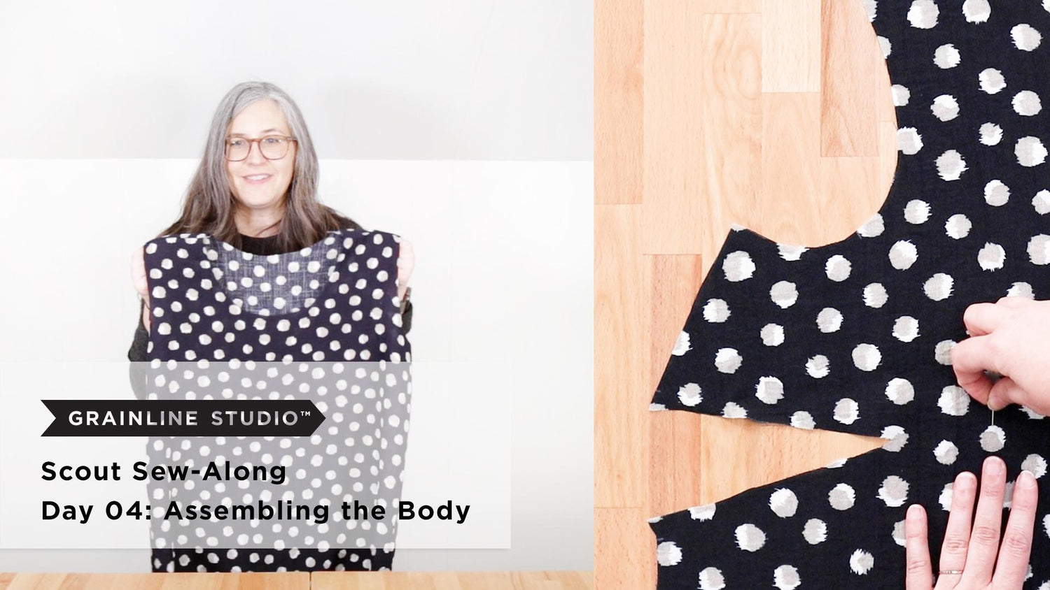 Woman holding up cut Scout Tee front and back pieces in black and white polka dot fabric beside a flat lay of the same pieces.