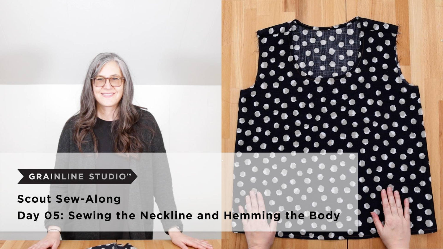 Woman beside a sleeveless Scout Tee body in black and white polka dot fabric laid flat, showing the finished neckline and hem.