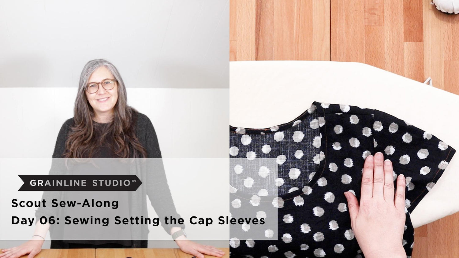 Woman beside a nearly complete Scout Tee in black and white polka dot fabric on an ironing board, sleeve being pressed flat.