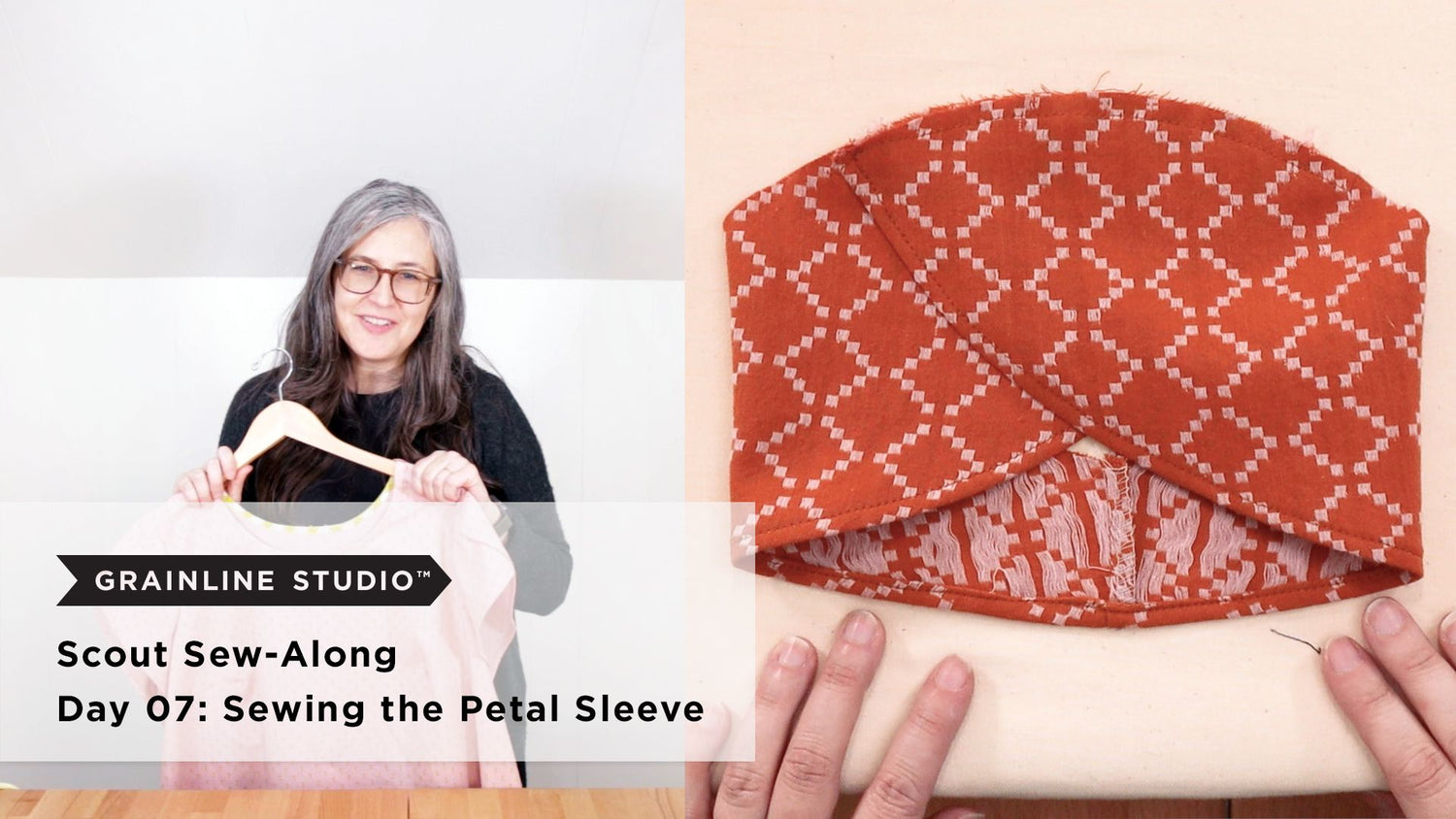 Woman holding a pink Scout Tee on a hanger beside a close-up of the overlapping rust-colored petal sleeve pieces pinned flat.