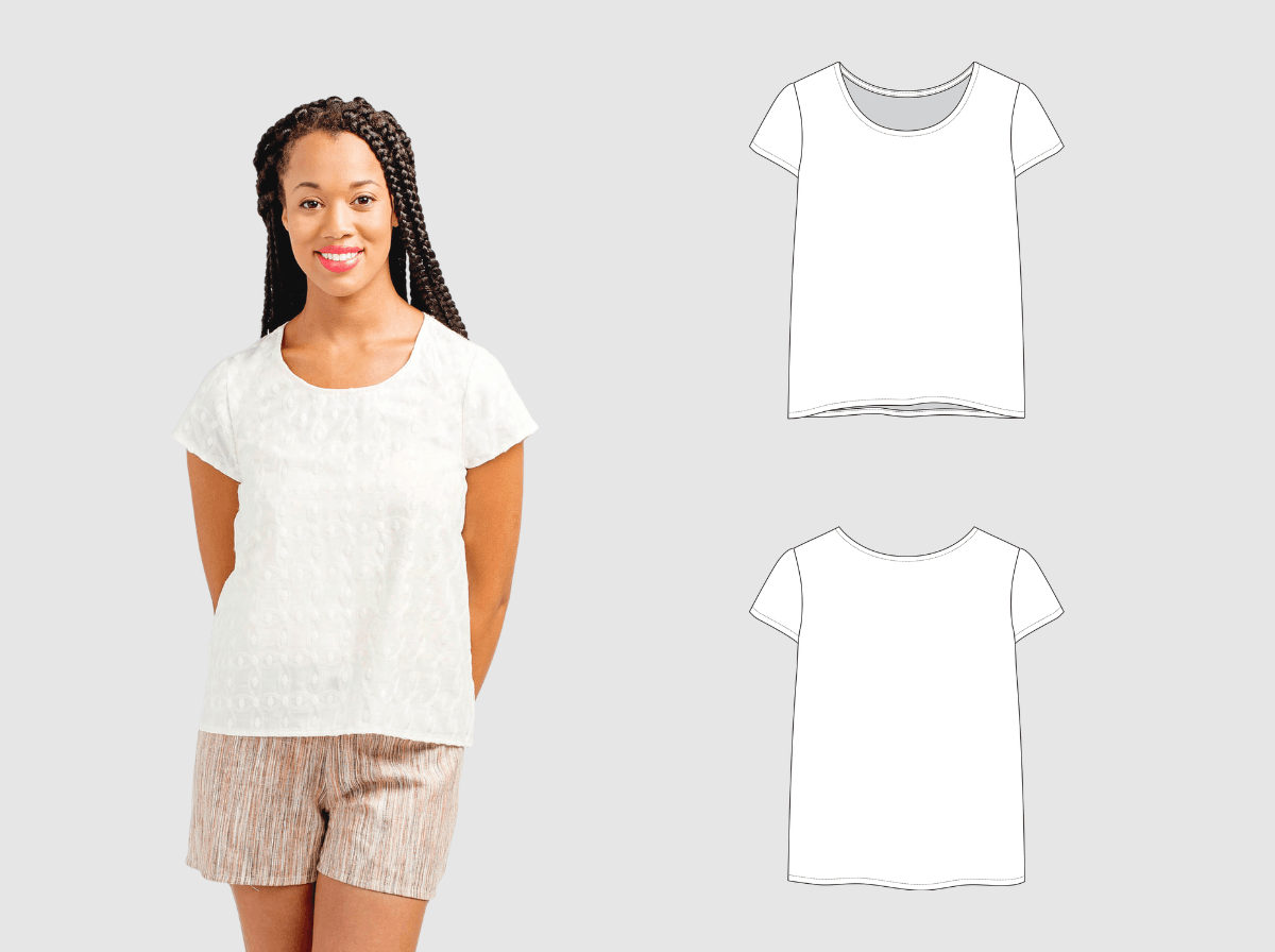 Woman modeling Scout Tee in white with cap sleeves; flats show front and back views of the relaxed A-line fit.
