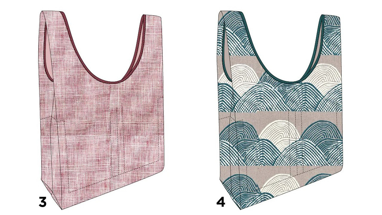 Two Stowe Bags showing fabric options, pink grid print with burgundy binding and teal wave print with matching binding