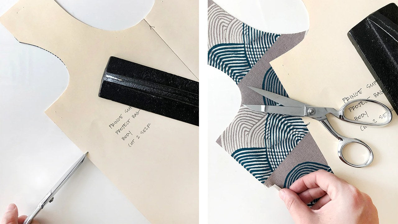 Two images showing Stowe Bag pattern pieces with markings on left, hand clipping notches on teal wave print fabric on right