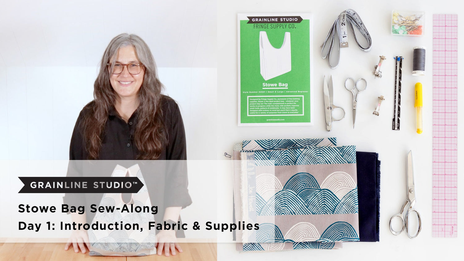 Woman smiling beside the Stowe Bag pattern envelope, fabric selections, and a flat lay of sewing supplies including scissors, rulers, and marking tools
