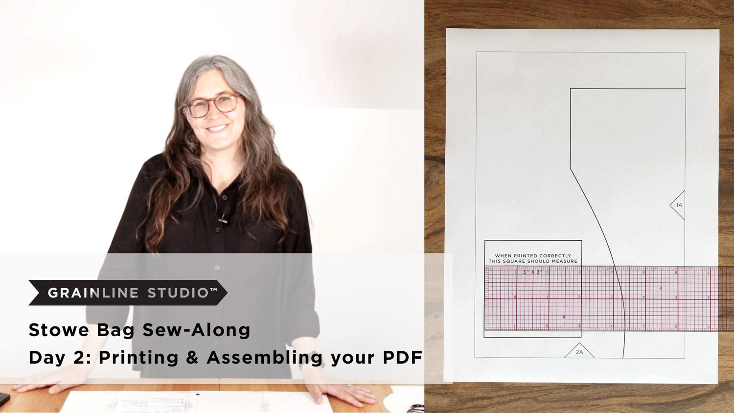 Woman smiling beside a printed PDF pattern page with a gridded ruler showing the scale check square
