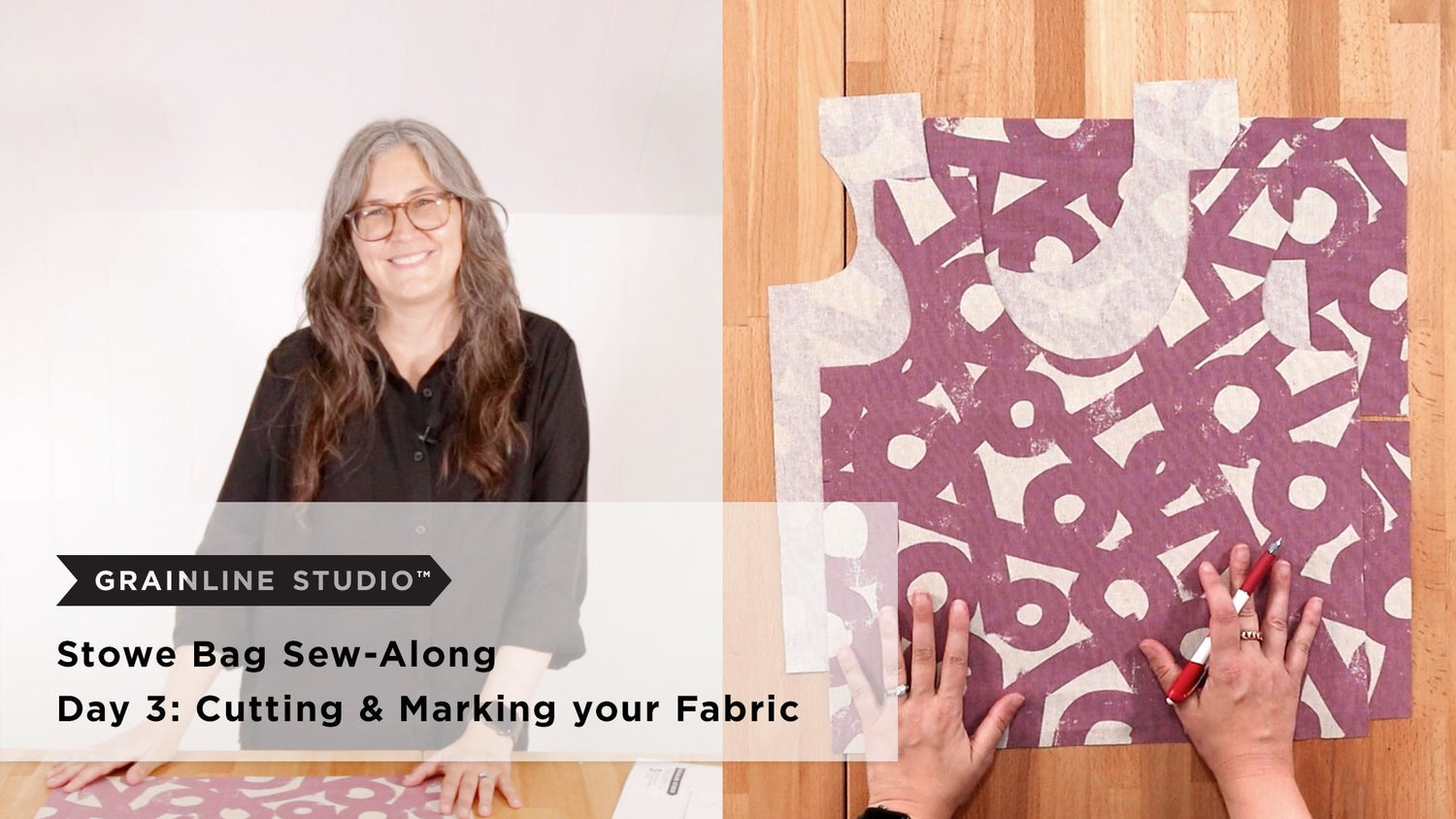 Hands holding a chalk pencil marking pocket lines on cut purple printed canvas Stowe Bag fabric pieces shown from above