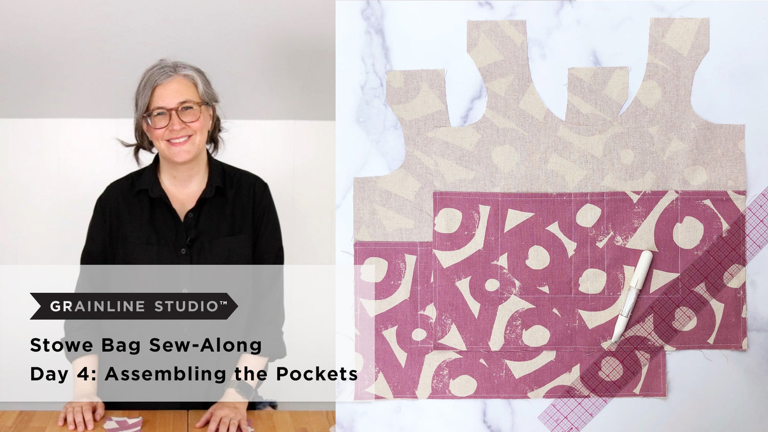 Woman smiling beside a flat lay of cut Stowe Bag body pieces and purple printed pocket fabric on a marble surface