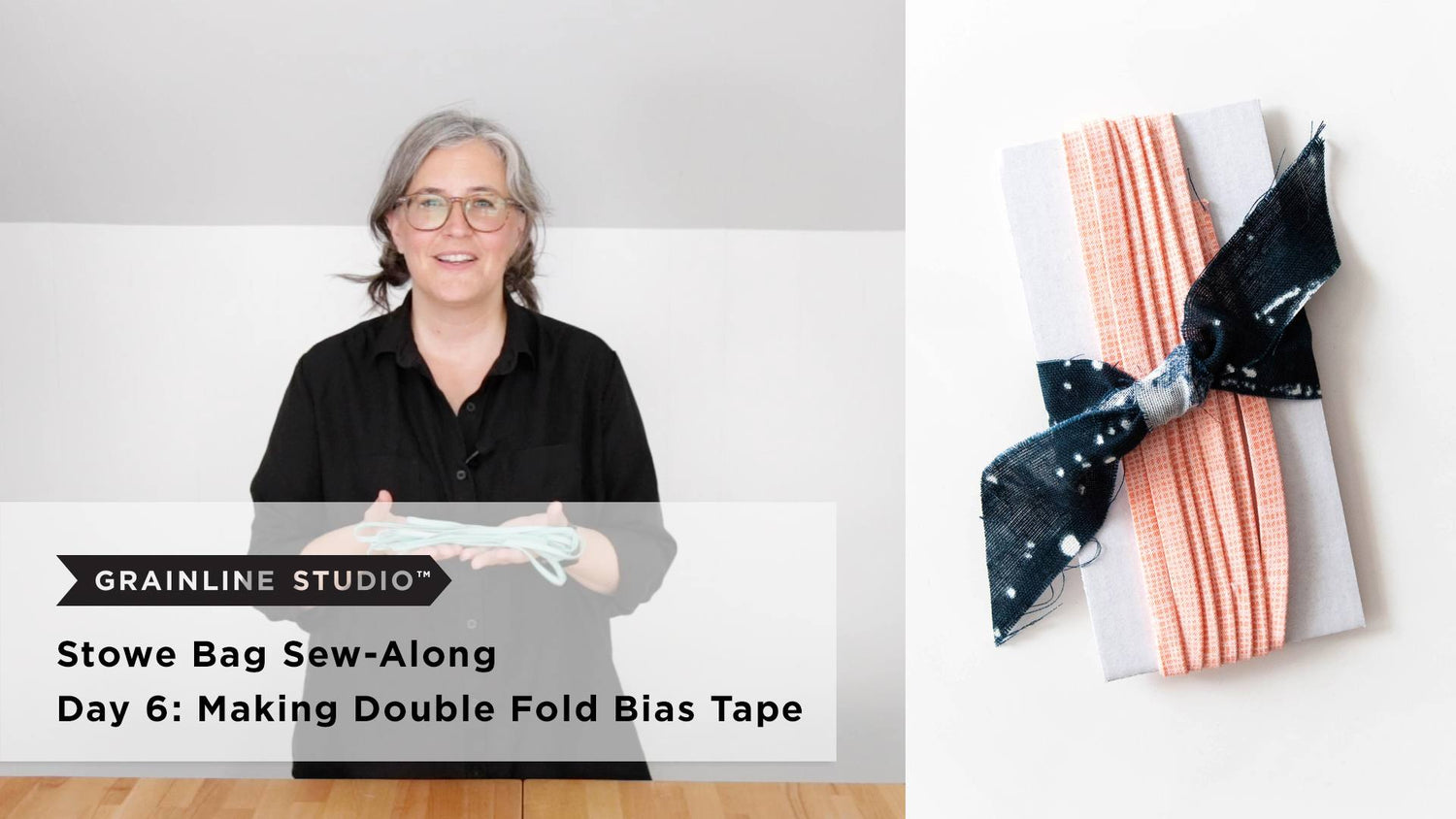 Woman holding coiled mint green bias tape beside two rolls of folded bias tape in coral and navy prints wound on cardboard