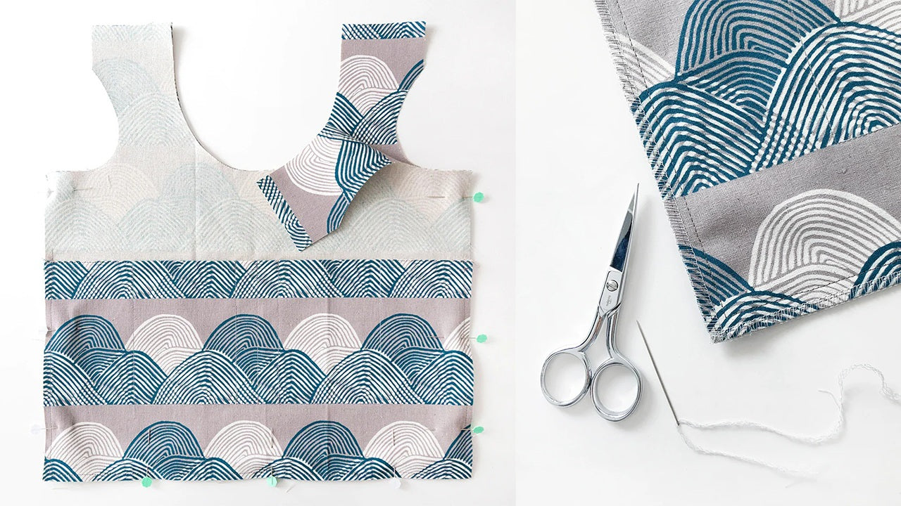  Stowe Bag body pieces with pockets stitched and marked with green pins on left, serged seam edge detail on right