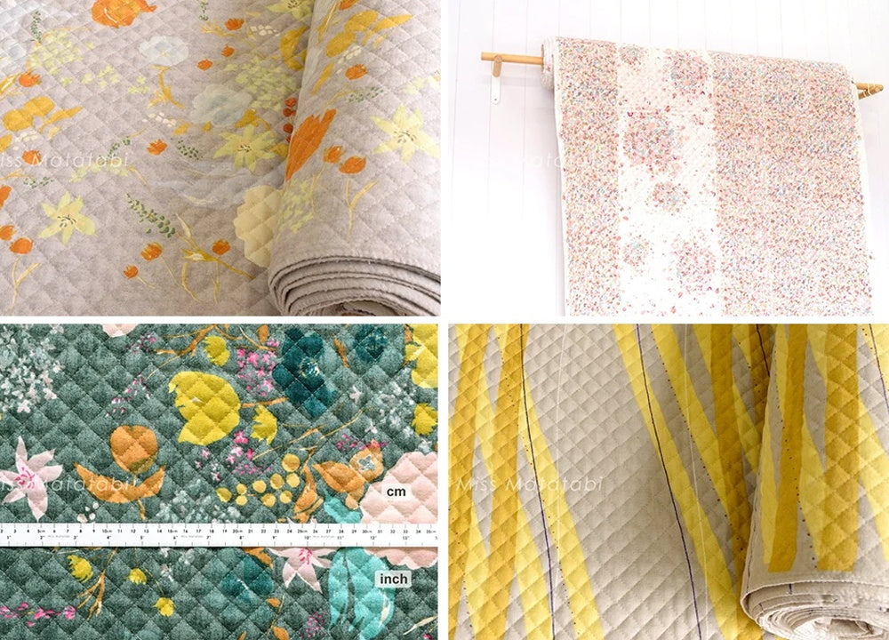 A collage of four pre-quilted fabric samples in floral and abstract prints including a yellow stripe, teal floral, and pink speckled design