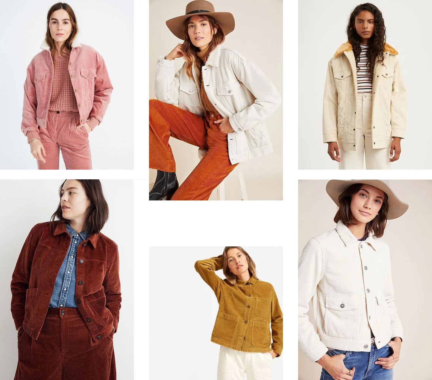Ready-to-wear workwear jackets in corduroy, denim, and canvas showing various fabric colors and styling inspiration options.
