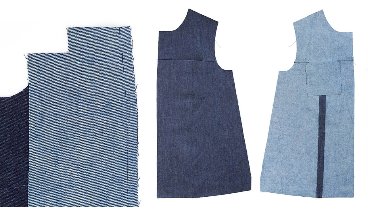 Three Thayer Jacket pieces in navy and light blue denim showing yoke attachment, pocket construction, and princess seams
