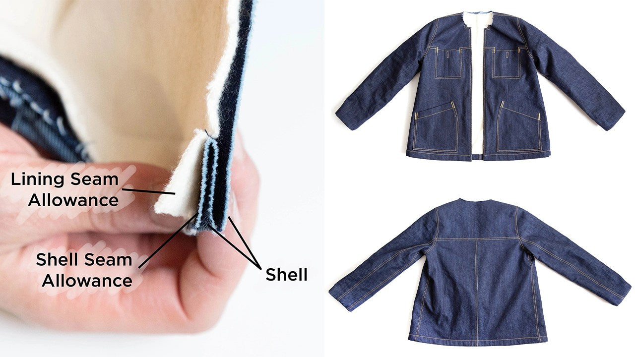 Thayer Jacket shell and lining shown flat in navy denim with detail of bagged lining seam allowances and construction method