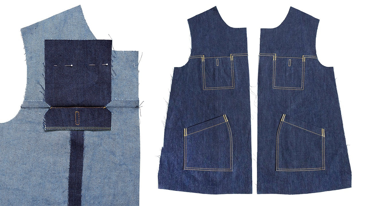 Thayer Jacket pocket construction in navy denim showing inseam pocket pieces on left and completed patch pockets on right