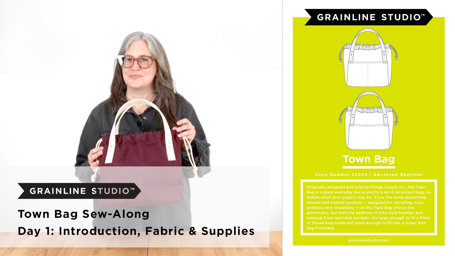 Woman holding a two-tone burgundy Town Bag with cotton webbing handles beside the Town Bag pattern envelope.