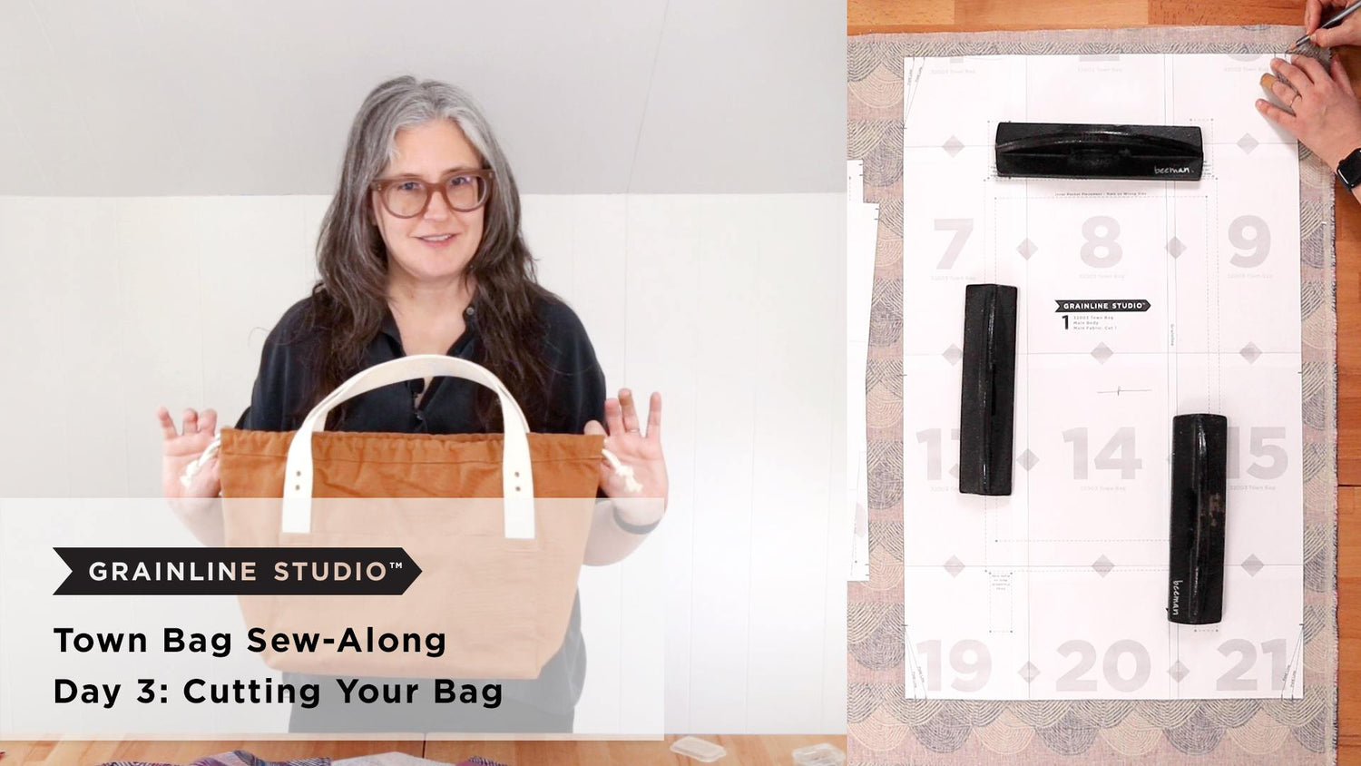 Woman holding a tan and white finished Town Bag beside a Town Bag pattern piece weighted and laid out on printed fabric.