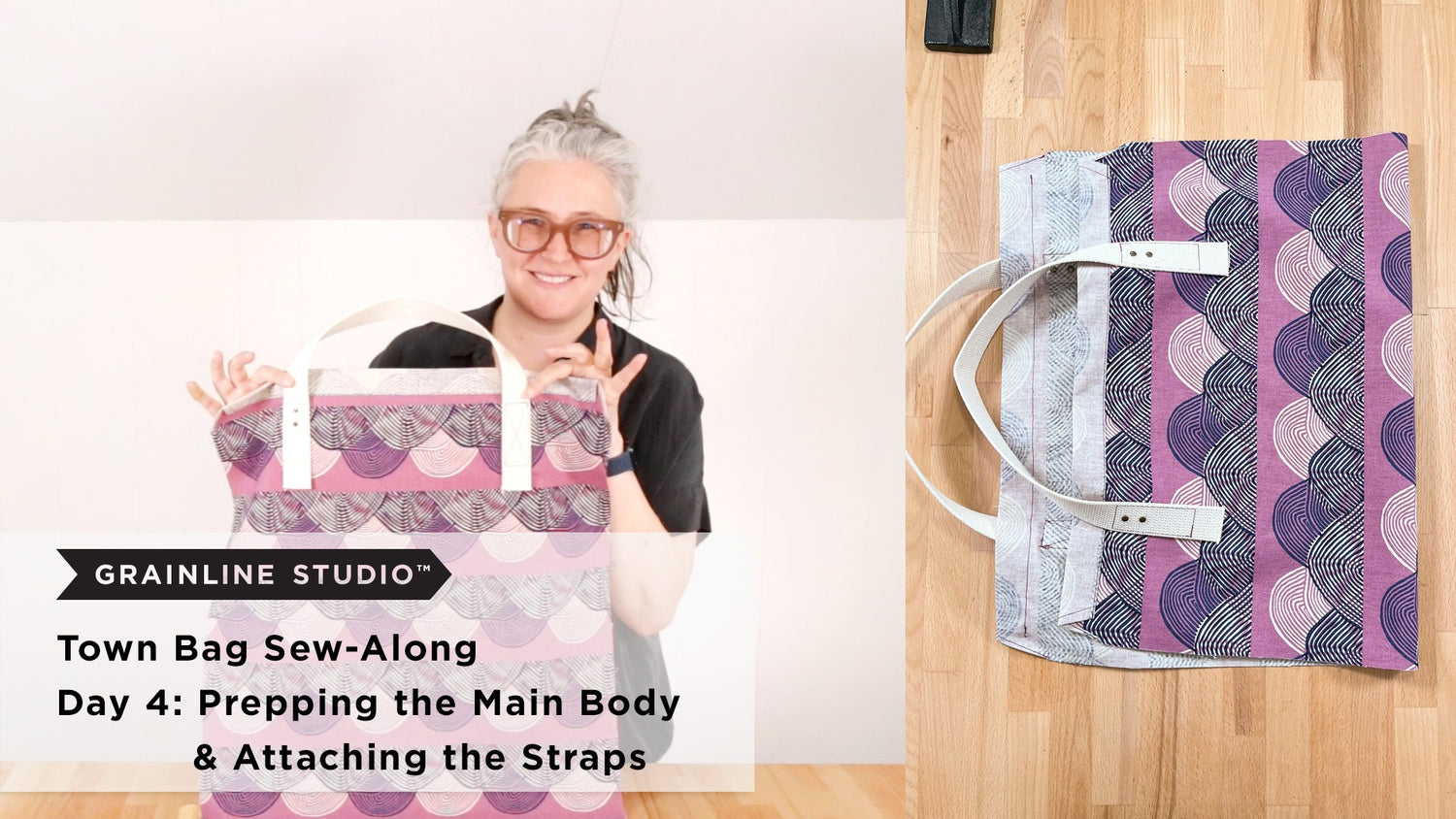 Woman holding a purple printed Town Bag with white cotton webbing straps, beside the assembled flat bag body showing strap placement.