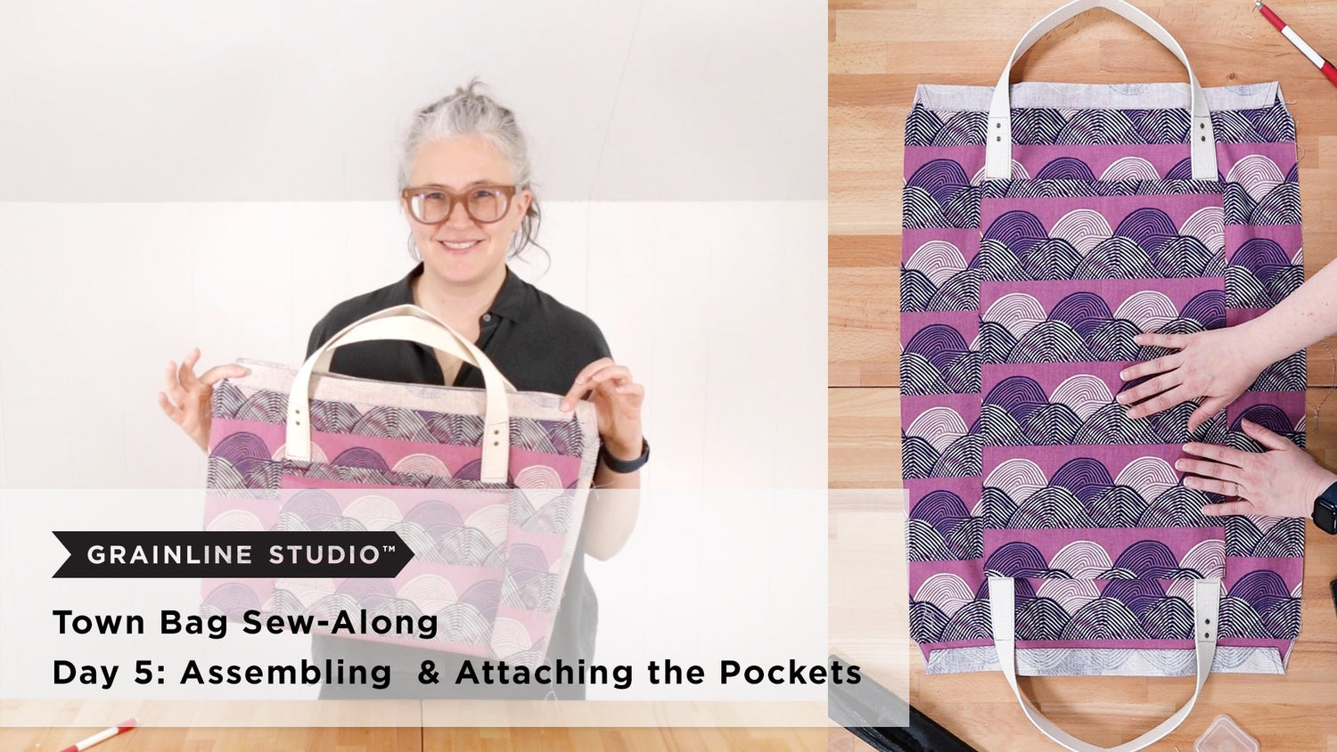Woman holding a purple printed Town Bag with white straps, beside the flat bag body showing both pockets and straps attached.