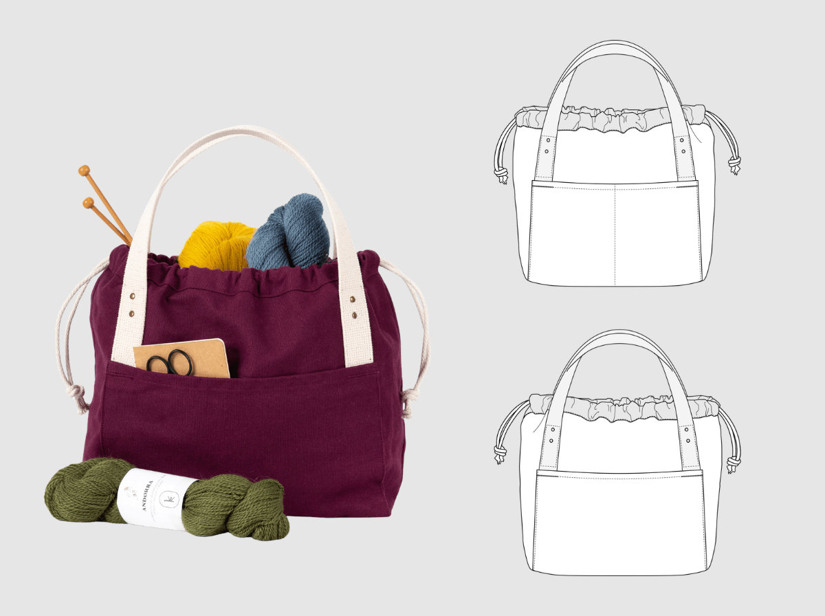 Plum canvas Town Bag with yarn and knitting needles beside flat illustrations showing the front and back exterior pockets.