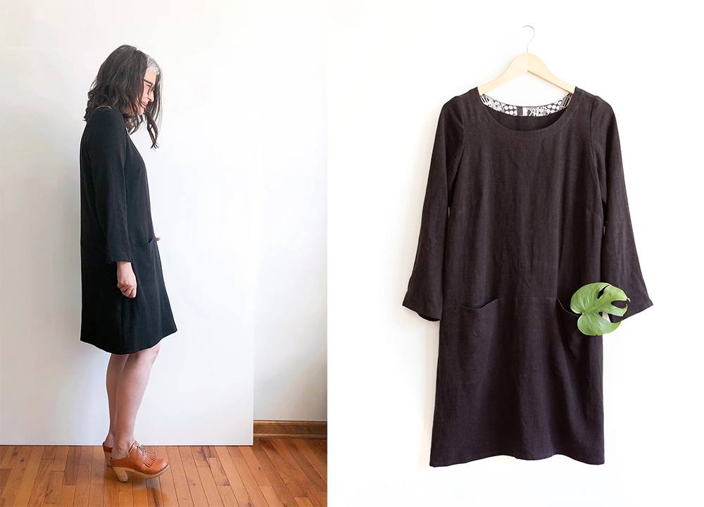 Uniform dress modification in black fabric shown on model and hanger, featuring lengthened skirt to knee-length