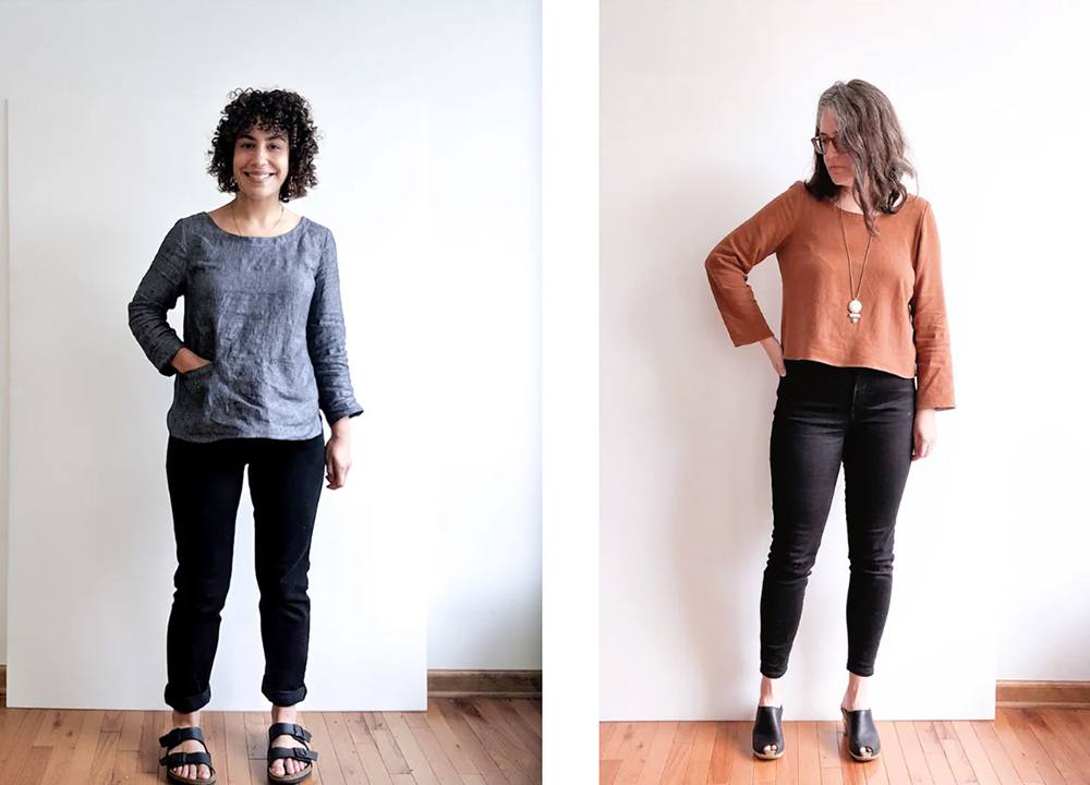 Uniform shirt modifications showing Option 1 bodice-only in blue linen on left, Option 2 shortened bodice in rust on right