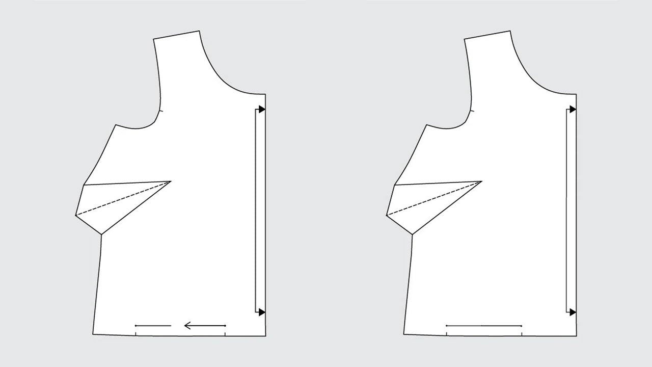 Two Uniform Tunic bodice pattern pieces showing full bust adjustment with slash lines through dart and vertical spreading