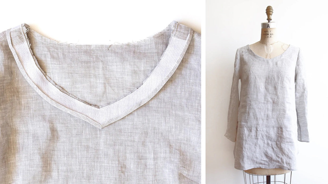 Uniform Tunic V-neck construction showing attached and clipped facing on left, completed tunic on dress form on right