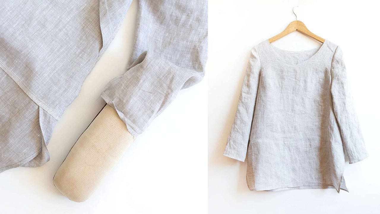 Uniform Tunic sleeve construction showing bracelet-length sleeve being hemmed on left, completed tunic on right