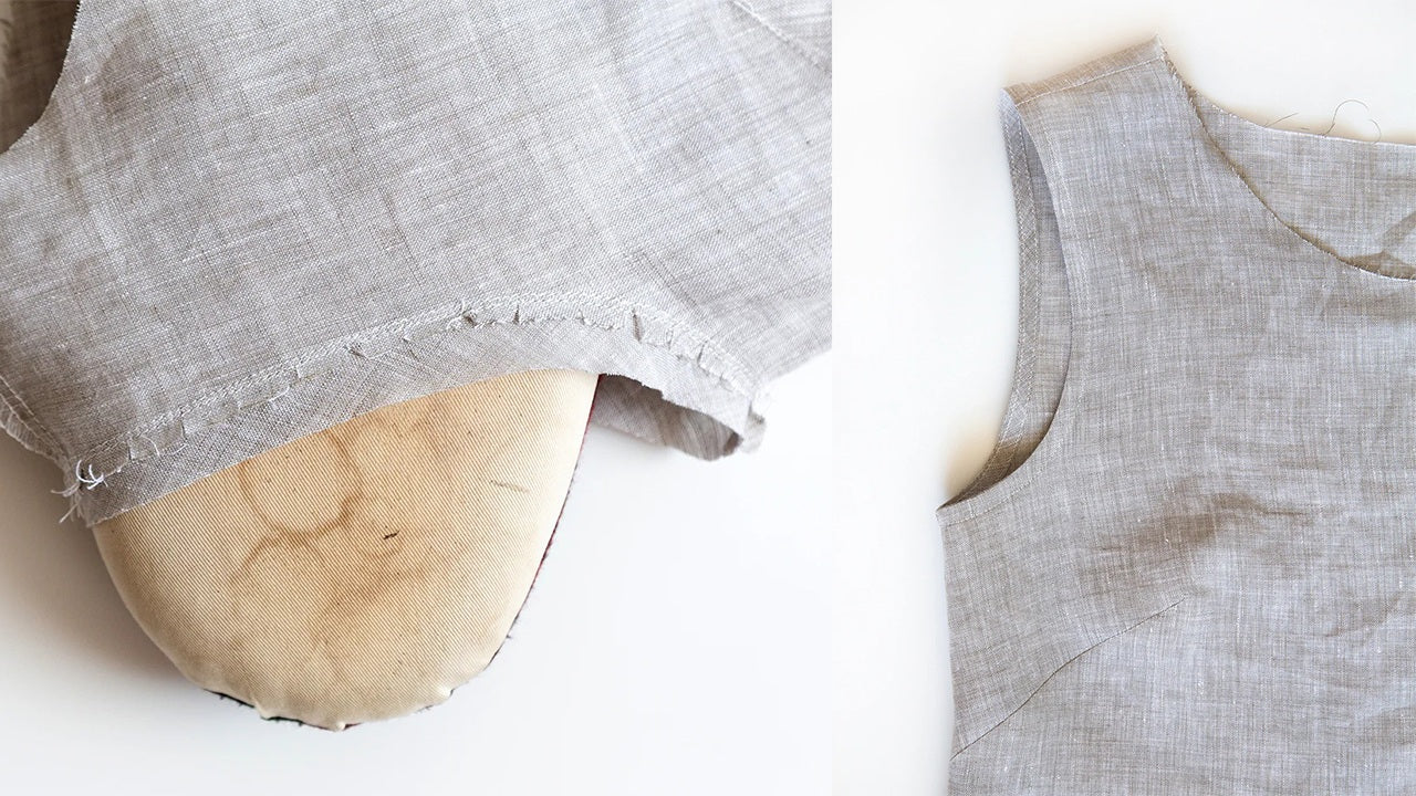 Uniform Tunic armhole construction showing clipped and understitched bias facing on left, finished armhole on right