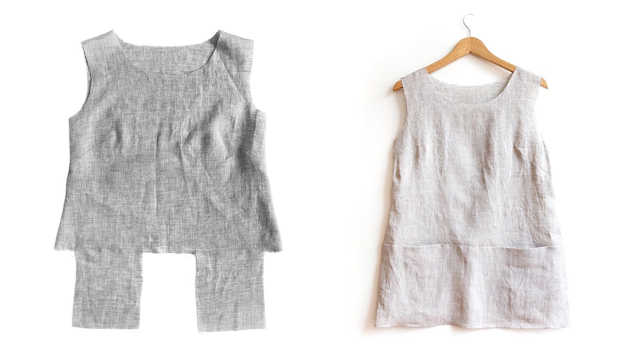 Uniform Tunic View A construction showing bodice with pockets partially attached on left, completed bodice on hanger on right