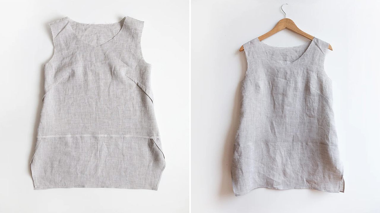 Uniform Tunic View B in gray linen showing bodice with skirt partially attached on left, completed bodice on hanger on right