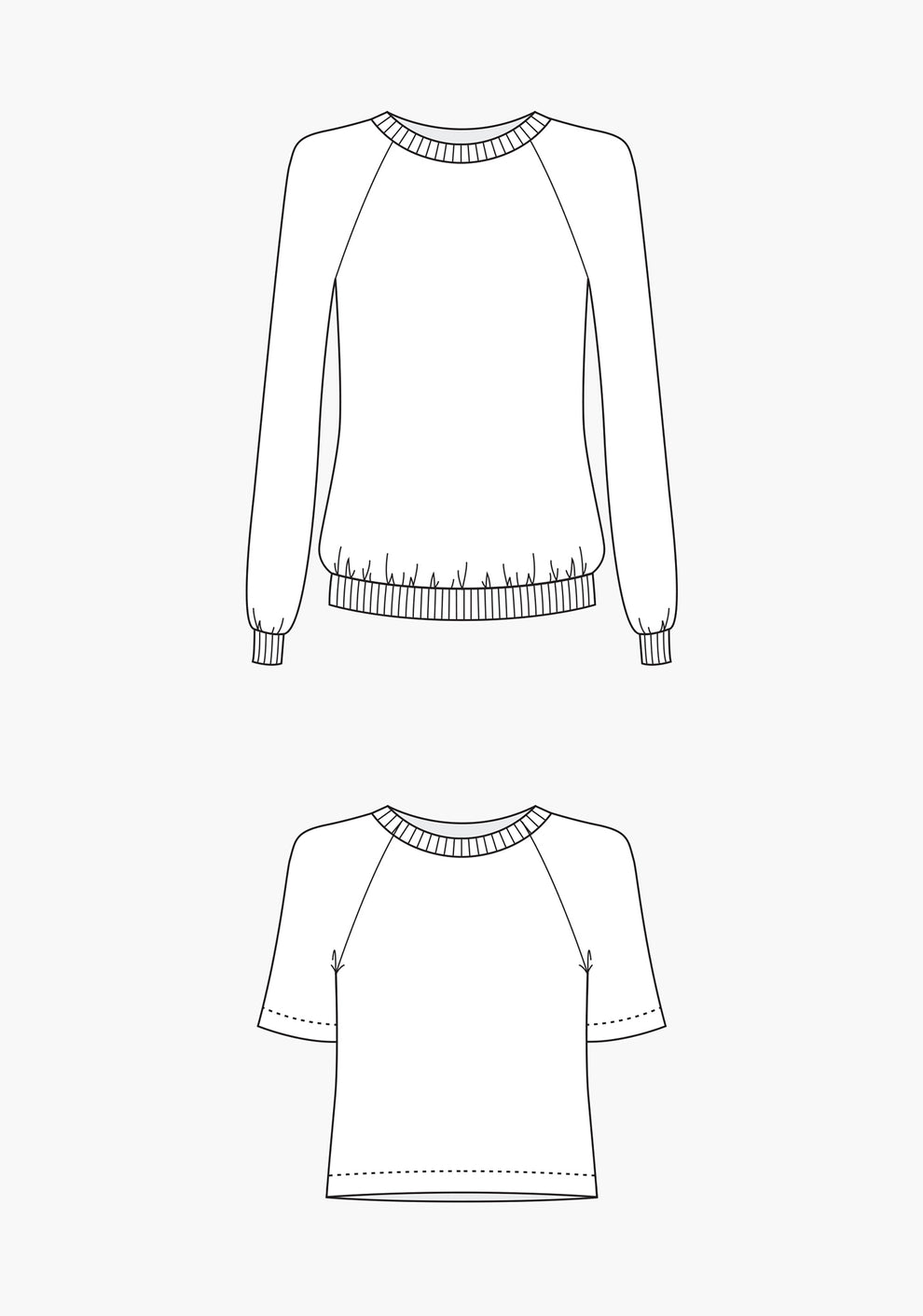 Line drawings of the Linden Sweatshirt pattern showing long and short sleeve views with raglan seams.