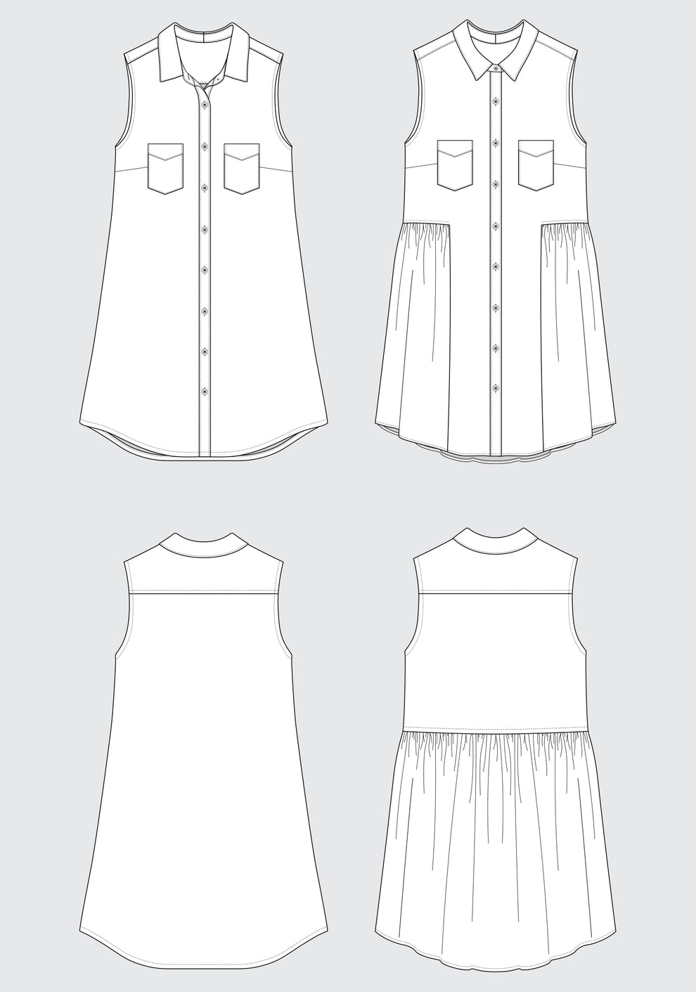 Flat illustrations of Alder Shirtdress showing View A with straight sides and View B with gathered skirt.