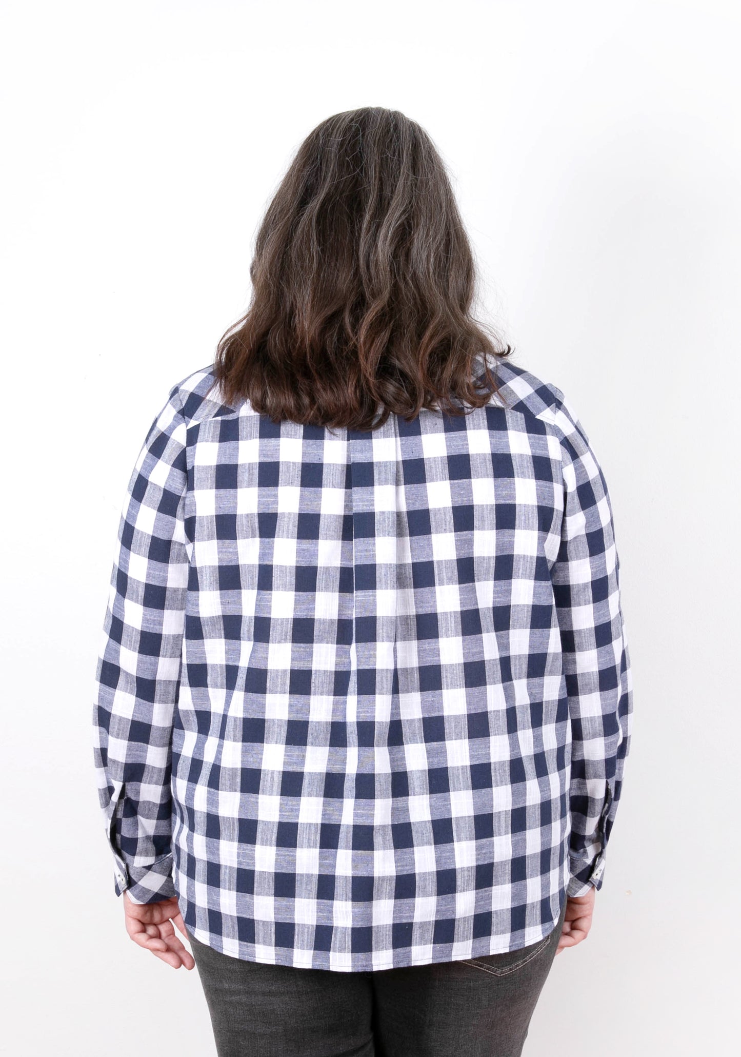 Archer Button Up View A, back view with curved hem, gingham fabric, size 14-32.