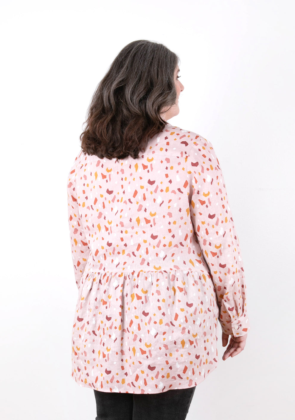 Archer Button Up View B, back view with gathered panel, pink print fabric, size 14-32.