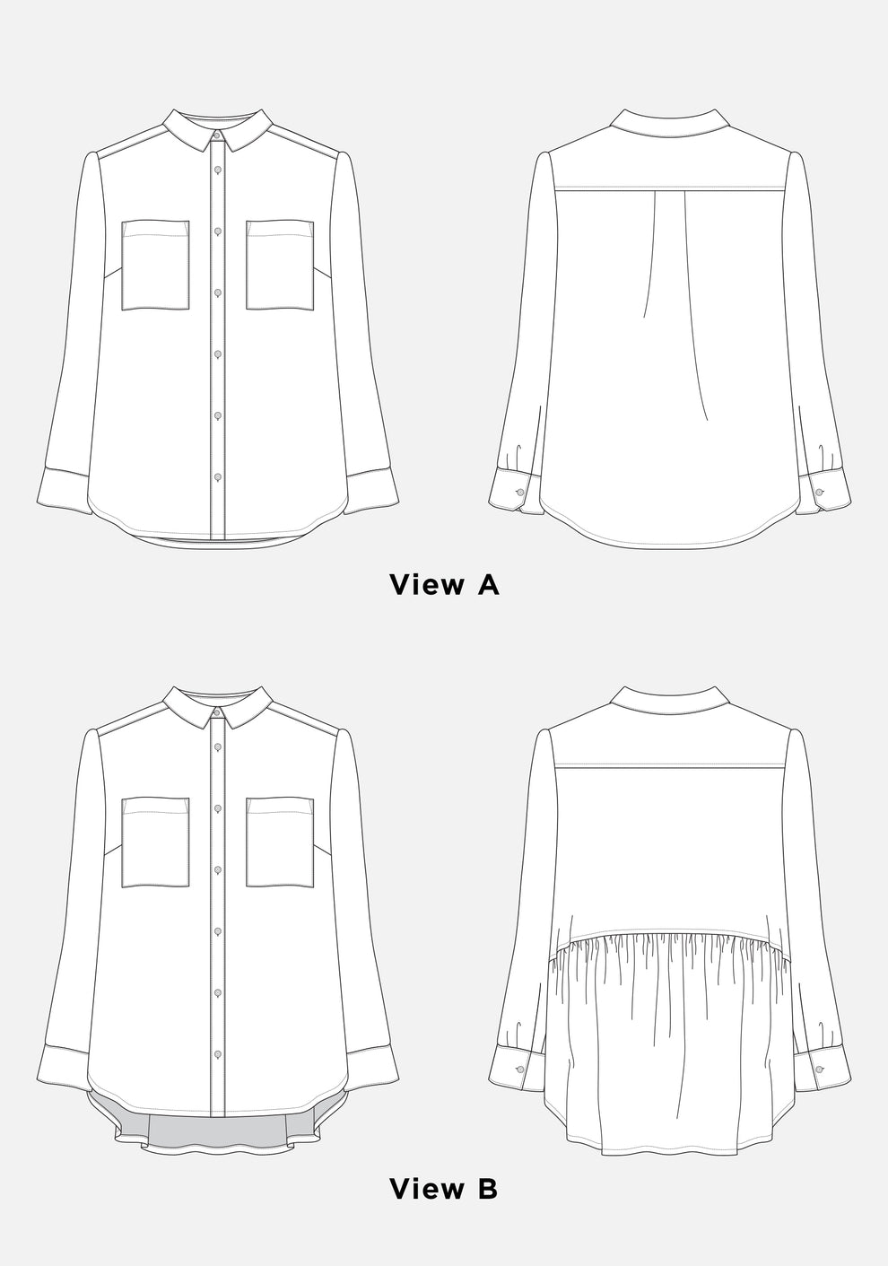 Line drawings of Archer Button Up Views A and B, showing front and back views for sewing reference.