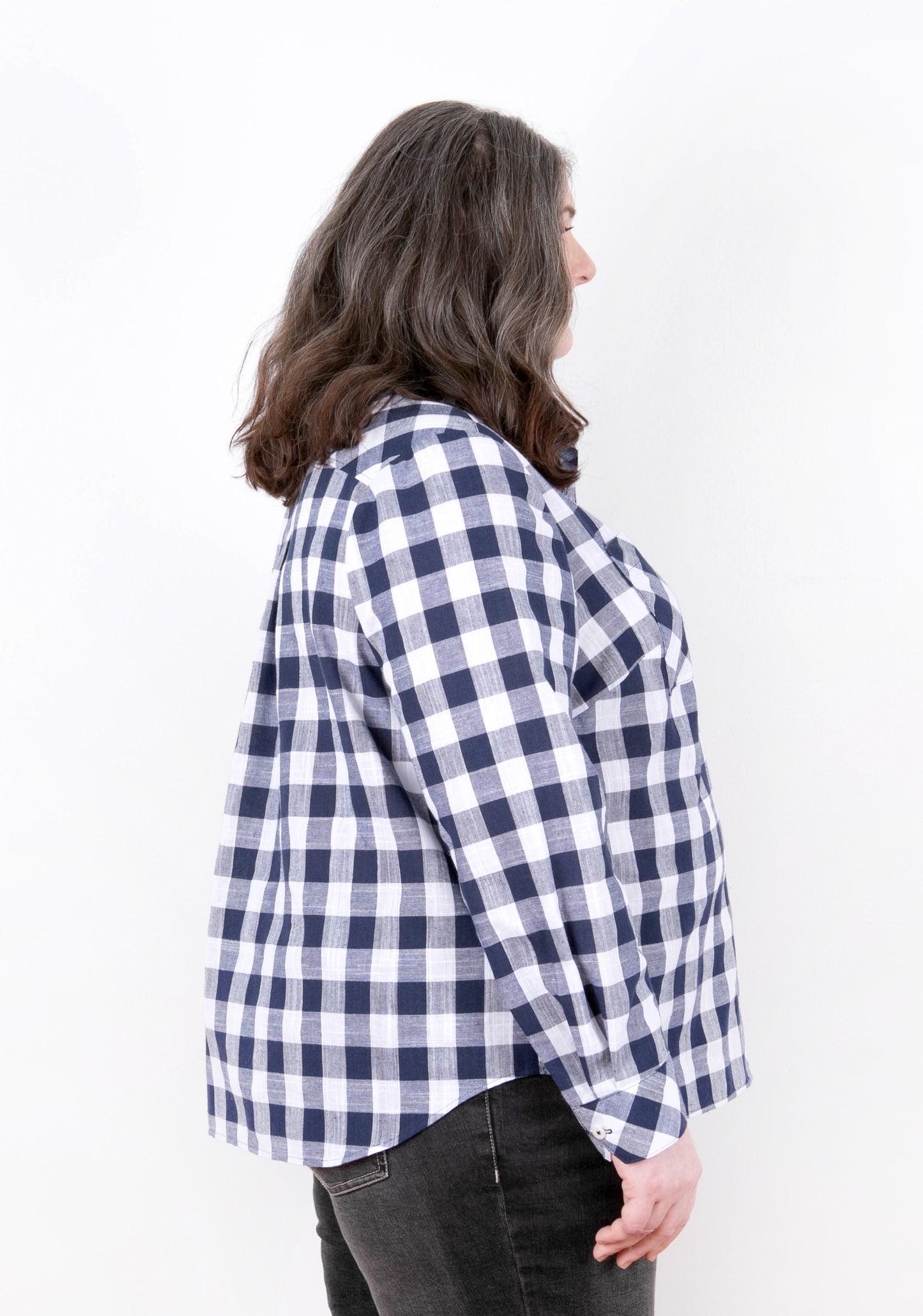 Archer Button Up View A, right side view with long sleeves, gingham fabric, size 14-32.